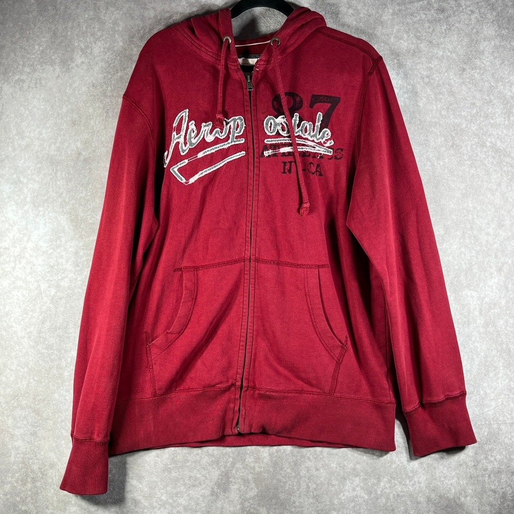 Aeropostale Hoodie Sweatshirt Mens Large Red Fleece‎ Full Zip Outdoor Skater Y2K